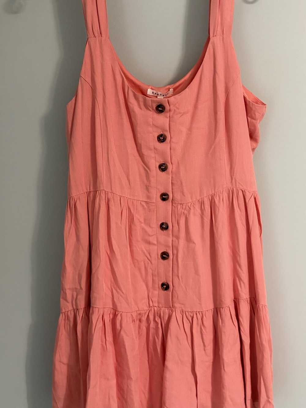 NWT BaeVely Tiered Button Front Romper Coral Pink Size M